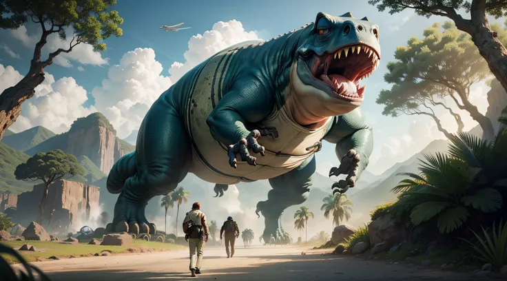 Background environment of Jurassic World，In the distance is the atomic bomb explosion，There is a giant tardigrade in front，with a huge mouth open，The tardigrades feet are rocking and cracking，Rolling stones fly --auto