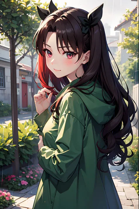 Rin tohsaka, wearing raincoat, rainy garden, potrait, cute pose, hand on back, blushing face