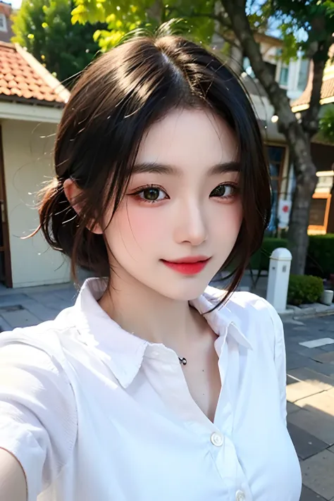 8K,extremely detailed eye、extra detailed face、best qualtiy、​masterpiece、ighly detailed、ultra-detailliert、(realisitic、Photorealsitic:1.3)、(Skinny face:1.2)、Inverted triangle face、A smile、(facing front)、Look at viewers、White button-up shirt、A clear day、outsi...