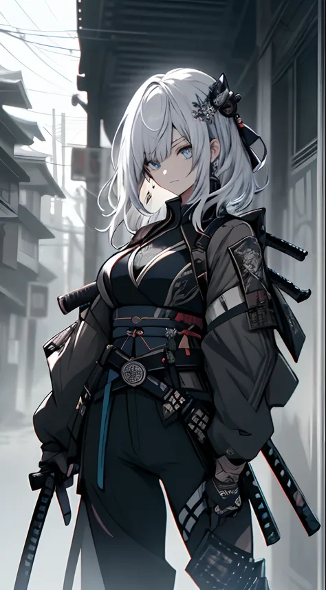 Japanese Katana Sword、Samurai sword、Full body、White one-piece military uniform、View other people、、 over-kneehighs,Blunt bangs, Jet black head of hair,(masutepiece:1.2, Best Quality), (finely detailed beautiful eye: 1.2), (Detailed background,Dark Fantasy),...