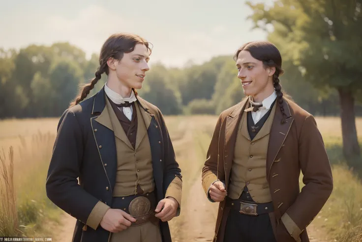 year: 1865. Location: Tama, Iowa. Pre-Raphaelite (((22-year-old George MacKay))), with a native american man, reencounter, happy smiles, recognition, ((((Clothing from the 1860s)))) ((Hairstyle of the 1860s)), ((("OMITB" cinematography)))