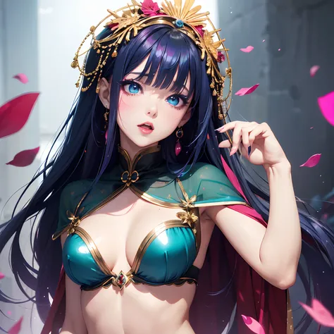 finest image, (8k, RAW photo, realistic), amorous expression, lewd expression, pink eyeshadow, cute girl, blue shining big eyes, heavy makeup, dark green hime cut, flat chest, abs, slender, red big thick lips, belly-dance costume, blurry background black, ...