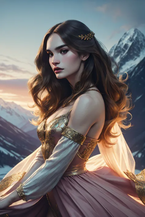 lily james, ballerina costume, stand against the background of the mountains, character portrait, 4 9 9 0 s, long hair, intricat...