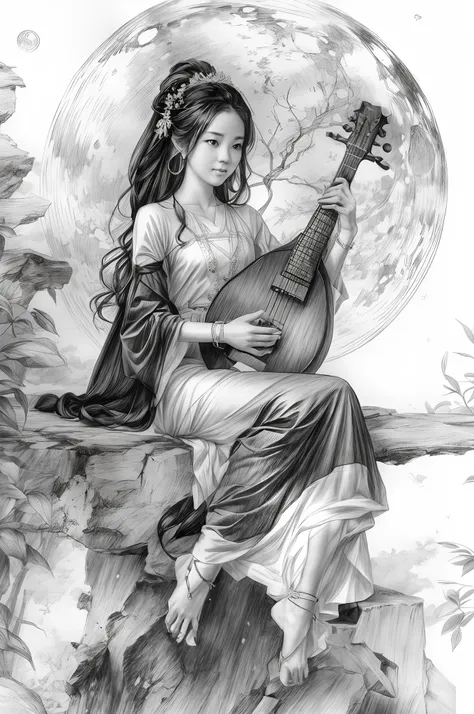 a woman in a white dress sits on a rock，take the mandolin, for example, goddess of the moon, lunar goddess, white hanfu, lunar g...