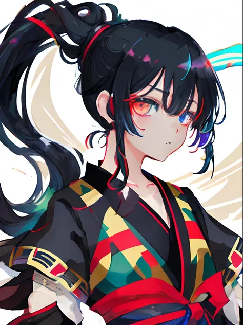 、ponytail black hair、kimono、(top-quality、superb detail:2)、battle scenes、cigarettes、sleeveless