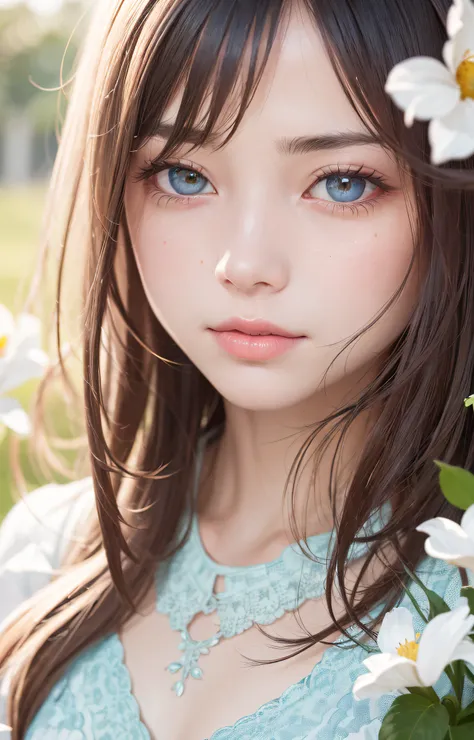 Beautiful detailed eyes, Beautiful detailed lips, extra detailed face, long eyelashes, Soft flowing hair, Gentle expression, Wearing a dress in pastel colors, Standing in a blooming flower garden, Surrounded by bright flowers and butterflies, Sunlight shin...