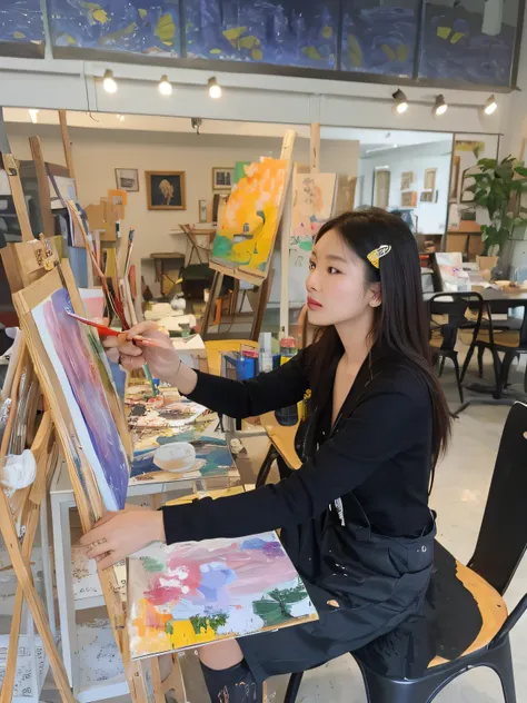 The woman sits at the table，Paint on canvas in the dining room, Painting, Painting, paiting, solo portrait 🎨🖌️, chinese artist, paining, painitng, korean artist, painting on canvas, painting coming to life, in her art room, painting art, oil painted, inspi...