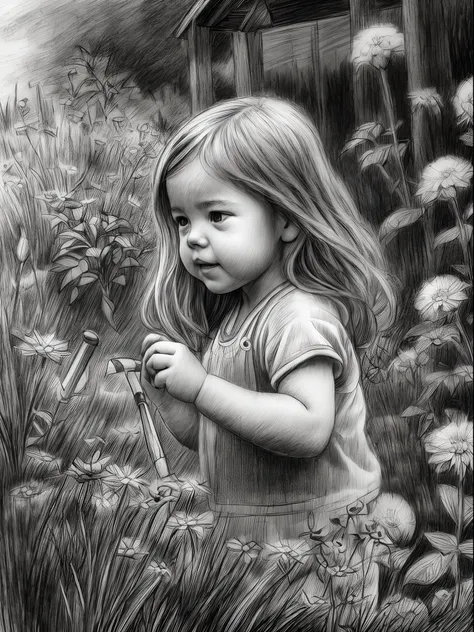 ((little girl playing in the garden, draw a picture with a pencil sketch，flat black and white sketch，realistic sketches))，(best ...