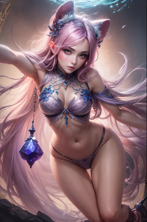 Strawberry pink color, A captivating anime girl gracefully emerges from the pages of a watercolor painting, Her vivid and complex colors are、Bring your artwork to life. She wears an extraordinary fantasy outfit，Decorated with exquisite details, reflecting ...