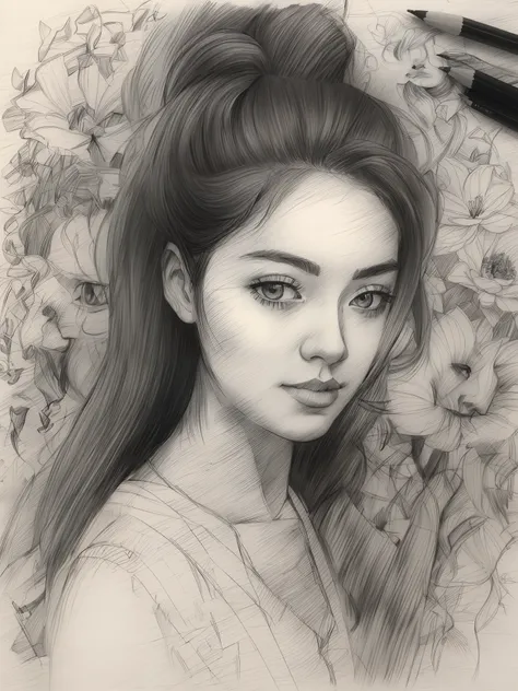 1girl, ((solo))，in a sea of flowers，full moon background，realistic sketch, hyperrealistic sketch, detailed pencil sketch, pencil...