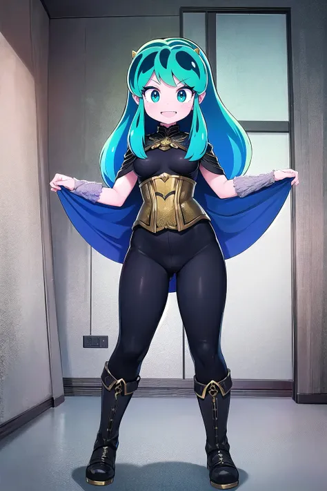 masterpiece, best quality,, corset, breastplate,lum, , urusei yatsura, cloak, pants, pullover kimono,martial pov,, pantyhose, sharpteeth, standing,smile, matial art,, full body, boots , pant, medium breast, pants, pullover,martial pov,god rays, ray tracing...