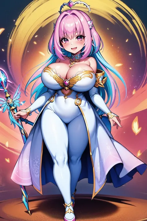 (best quality,masterpiece:1.2),intricate details,beautiful detailed eyes,beautiful detailed lips,extremely detailed eyes and face,longeyelashes,riamu, modeseven,super curvy,comic style,vibrant colors,standing,innocent, full body, standing, smile, princess ...