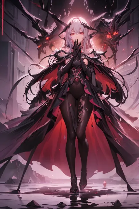 anime girl with long hair and black dress standing in front of a demonic demon, cushart krenz key art feminine, dark goddess with six arms, dark sorceress full view, beautiful elegant demon queen, extremely detailed artgerm, concept art | artgerm, dark dem...