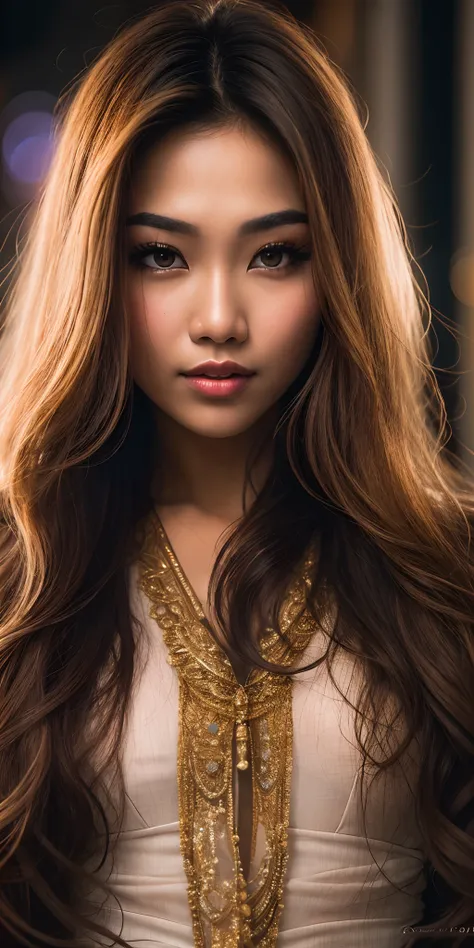 photo of a 25 years old malay girl, RAW, beautiful woman, (extra long wavy golden brown hair), ((portrait)), ((detailed face:1.2)), ((detailed facial features)), (finely detailed skin), pale skin, high detailed deep cleavage bodycon hasmat suit , megacity ...