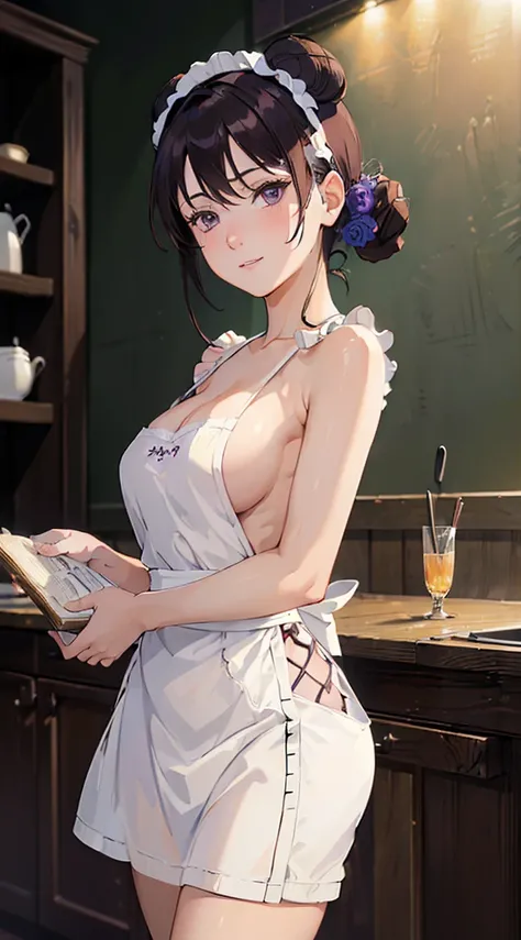 ((((Masterpiece, high resolution)))), 1girll, White hair, Purple eyes, waved hair, mediuml breasts, Blush, Light smile, Open lips, Glow, Thighs, cropped shoulders, 鎖骨, Narrow waist, cleavage, (Beautiful detailed face, Beautiful detailed eyes), (NAKED Apron...