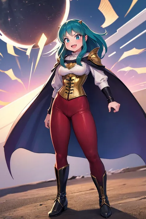 masterpiece, best quality,, corset, breastplate,lum, , urusei yatsura, cloak, pants, pullover kimono,martial pov,, pantyhose, sharpteeth, standing,smile, matial art,, full body, boots , pant, medium breast, pants, pullover,martial pov,god rays, ray tracing...