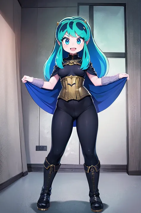 masterpiece, best quality,, corset, breastplate,lum, , urusei yatsura, cloak, pants, pullover kimono,martial pov,, pantyhose, sharpteeth, standing,smile, matial art,, full body, boots , pant, medium breast, pants, pullover,martial pov,god rays, ray tracing...