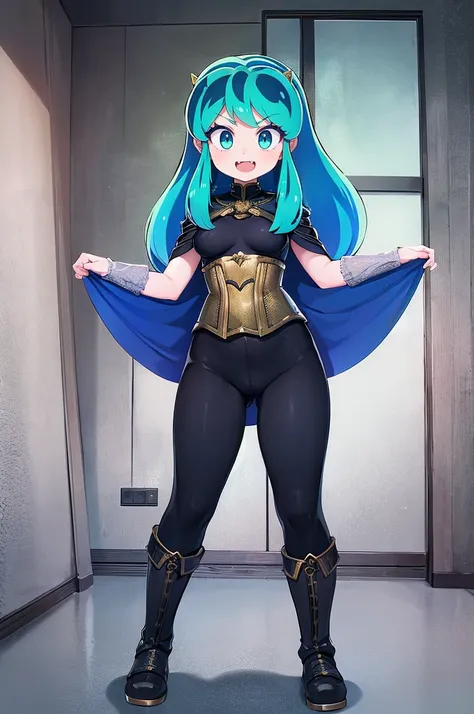 masterpiece, best quality,, corset, breastplate,lum, , urusei yatsura, cloak, pants, pullover kimono,martial pov,, pantyhose, sharpteeth, standing,smile, matial art,, full body, boots , pant, medium breast, pants, pullover,martial pov,god rays, ray tracing...