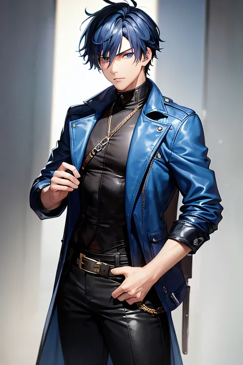 masterpiece, male, tall boots, lean, black shirt, blue hair, blue eyes, short hair, messy hair, leather pants, pirate, long blue jacket, belts