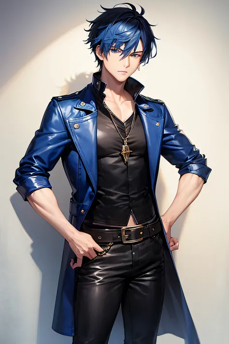 masterpiece, male, tall boots, lean, black shirt, blue hair, blue eyes, short hair, messy hair, leather pants, pirate, long blue jacket, belts