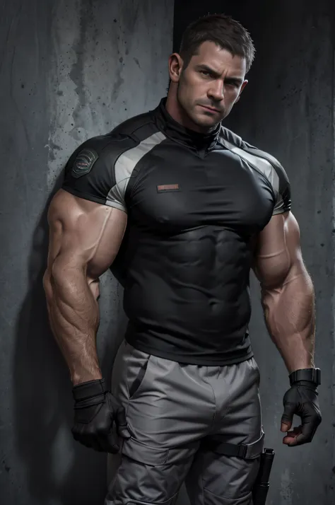 1 man, solo, 35 year old, chris redfield, wearing a grey t-shirt, seious face, looking at the camera, black color on the shoulde...