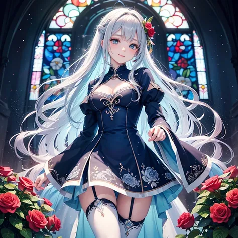 A girl in the church with white hair and blue pupils、seductive smile,It is surrounded by many sparkling feathers in, intricate detailes, Extremely delicate and beautiful, Whole body, Girls Front, focus on girl, Head tilt, beautiful detailed fullbody, neat ...