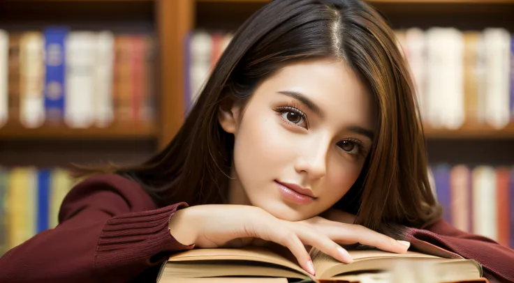 Woman studying in the library,Highly detailed beautiful girl, highly detailed face, highly detailed eyes, highly detailed skin, highly detailed fingers, highly detailed nose, highly detailed mouth, perfect anatomy