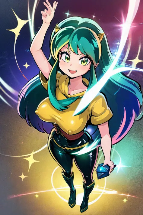 masterpiece, best quality,, corset, breastplate,lum, , urusei yatsura, cloak, pants, pullover kimono,martial pov,, pantyhose, sh...