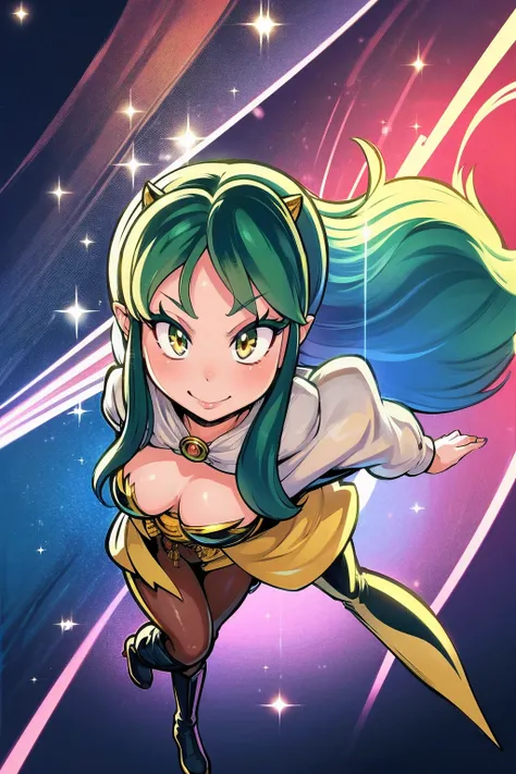 masterpiece, best quality,, corset, breastplate,lum, , urusei yatsura, cloak, pants, pullover kimono,martial pov,, pantyhose, sharpteeth, standing,smile, matial art,, full body, boots , pant, medium breast, pants, pullover,martial pov,god rays, ray tracing...