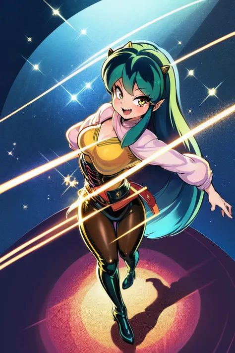 masterpiece, best quality,, corset, breastplate,lum, , urusei yatsura, cloak, pants, pullover kimono,martial pov,, pantyhose, sharpteeth, standing,smile, matial art,, full body, boots , pant, medium breast, pants, pullover,martial pov,god rays, ray tracing...