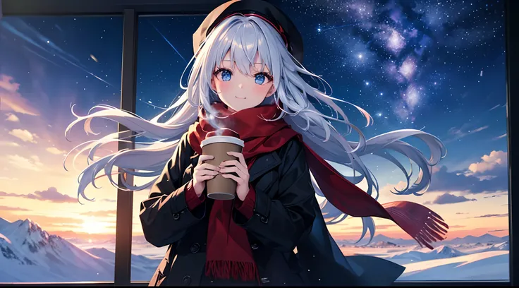 The image size is 1920×1080 pixels. The background of the image is a night sky and a snowy landscape. In the center of the image, there is a girl with silvery hair blowing in the wind. The girl is wearing a red scarf and a black coat. The girl is holding a...