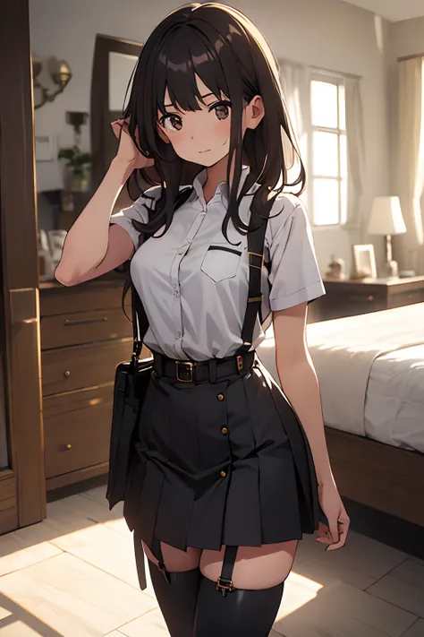 ​masterpiece、flat-colors、depth of fields、lens flare 1 girl、、Brown hair、watching at viewers　　　black suspenders　　　Bulging big breasts　　　 　 　　　walls: 　Black miniskirt　garters　　　　　　Gaze　　　Small face　bangss 　　　holster　　Belt Armament　Beautuful Women　srestrained　...