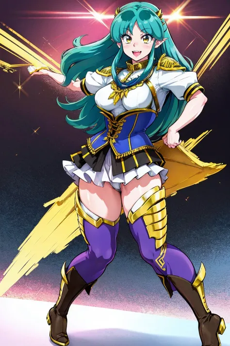 masterpiece, best quality,, corset, breastplate,lum, , urusei yatsura, cloak, pants, pullover kimono,martial pov,, pantyhose, sharpteeth, standing,smile, matial art,, full body, boots , pant, medium breast, pants, pullover,martial pov,god rays, ray tracing...