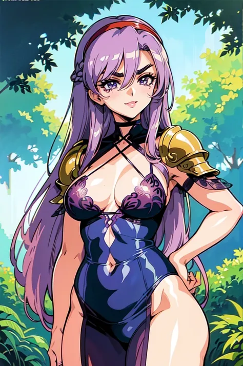 "(masterpiece:1.1), best quality, (NSFW:1.1), 
1girl, (80s anime style:1.3), (eyelashes:1.5), (loli:1.2), 
(intricate high detailed body:1.2), 
purple hair, 
(hair between eyes:1.1), (long hair, french braid:1.1), (headband:1.2), 
brown eyes, (lip stick:1....