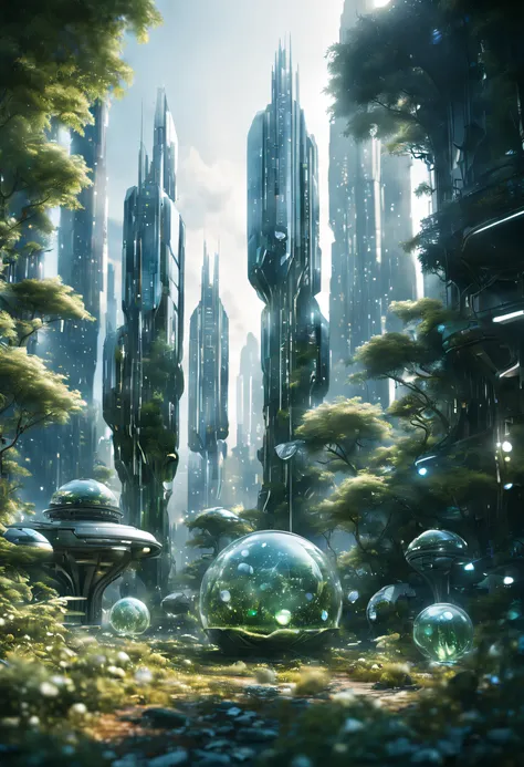 HD8K, A cinematic scene, Warm lighting, glass buildings, High saturation, Contrasting compositions, White, Ceramic texture, crystal glass, Futuristic technology, droid, ln the forest, glowworm, Fantasy scenes,