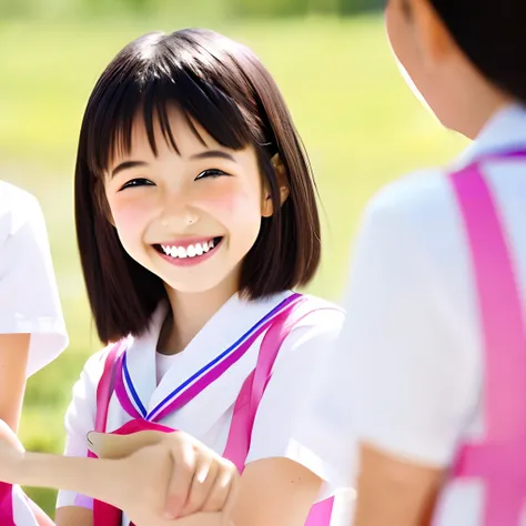 Elementary school girls　japanes　a smile　9 talents　a beauty girl　Clean teeth alignment　short-hair　flowing in the wind　Sunlight