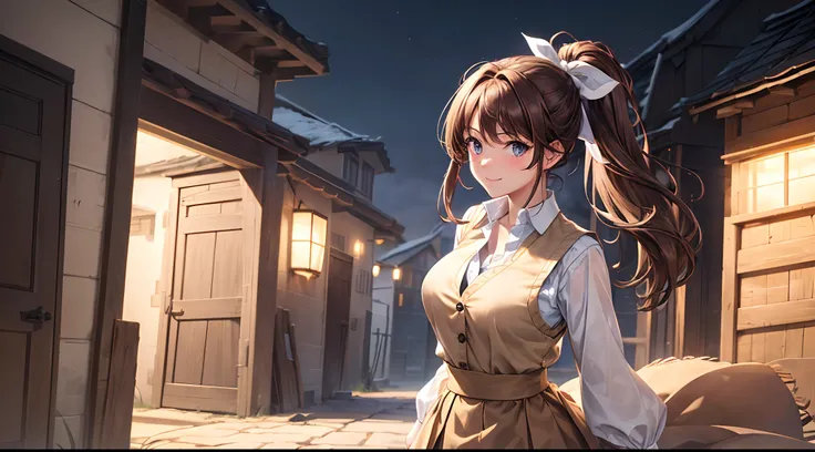 1girl, solo, full body, mediaval, village, houses, stack of straw, street, brown hair, ((middle parted hair)), ponytail, large breasts, button down, ((light brown vest sweeter)), dark blue eyes, ((white shirt)), ((unbuttoned shirt)), ((long brown skirt)), ...