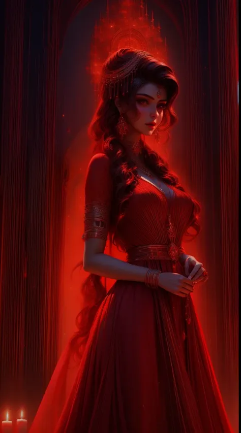 a woman in a red dress holding a lit candle in her hands, beautiful digital illustration, beautiful digital artwork, hindu aesthetic, stunning digital illustration, beautiful character painting, gorgeous digital painting, maya ali sorceress, exquisite digi...