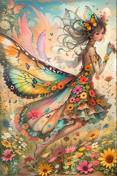 Picture a whimsical fairy adorned in vibrant, shimmering butterfly wings, dancing amidst a sunlit meadow, wildflowers swaying in the gentle breeze, conveying an aura of joy and playful energy, Artwork, mixed media collage