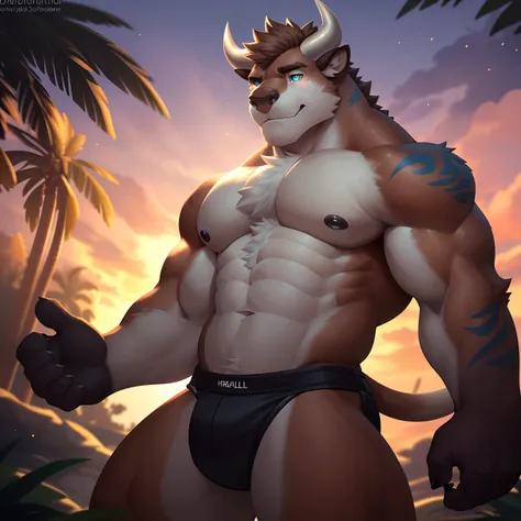 male furry bulls, bull in garden, brown fur , ((heterochromia, blue eye)) dreamy background, kindness, unlimited light, bara, magnificent sunset background, octane render, beautiful features, beautifully detailed eyes, intricate skin, detailed face, perfec...