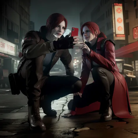 Claire redfield, beautiful face, red long hair, perfect Face, wearing redcoat , wearing hoody, black nail polish, Carefree expression, smile