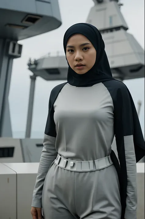 Sexy malay female stormtrooper in hijab, war scene, wearing barely anything, Star Wars ship setting, highly detailed, photo taken using Panavision DXL2, 28mm lens, Establishing shot, muted color grading, cinemascope, drama, high quality, ultra detailed, 8k...