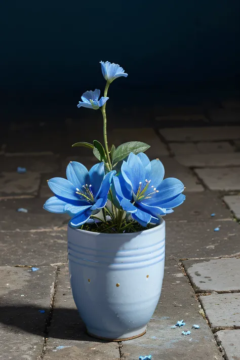 Plant, blue, glowing,white and blue flowers with small purple fruit, whize Background