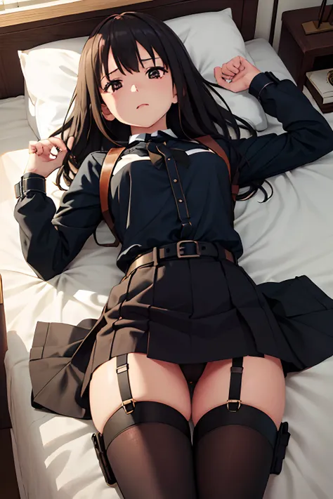 ​masterpiece、flat-colors、depth of fields、lens flare 1 girl、、Brown hair、watching at viewers　　　black suspenders　　　Bulging big breasts　　　 　 　　　walls: 　Black miniskirt　garters　　　　　　Gaze　　　Small face　bangss 　　　holster　　Belt Armament　Beautuful Women　srestrained　...