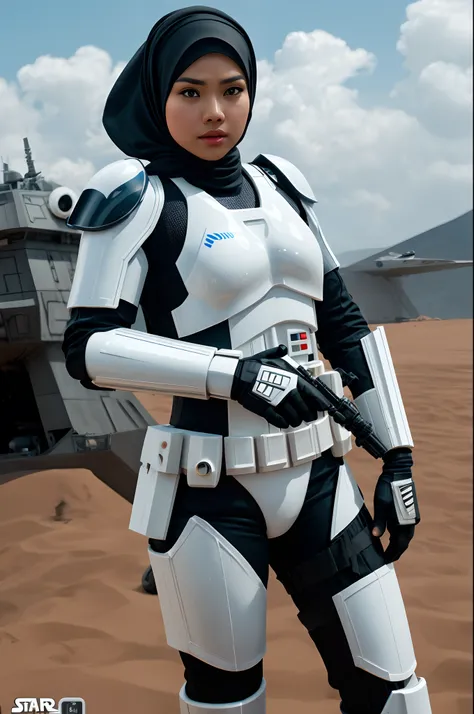 Sexy malay female stormtrooper in hijab, war scene, wearing barely anything, Star Wars ship setting, highly detailed, photo taken using Panavision DXL2, 28mm lens, Establishing shot, muted color grading, cinemascope, drama, high quality, ultra detailed, 8k...