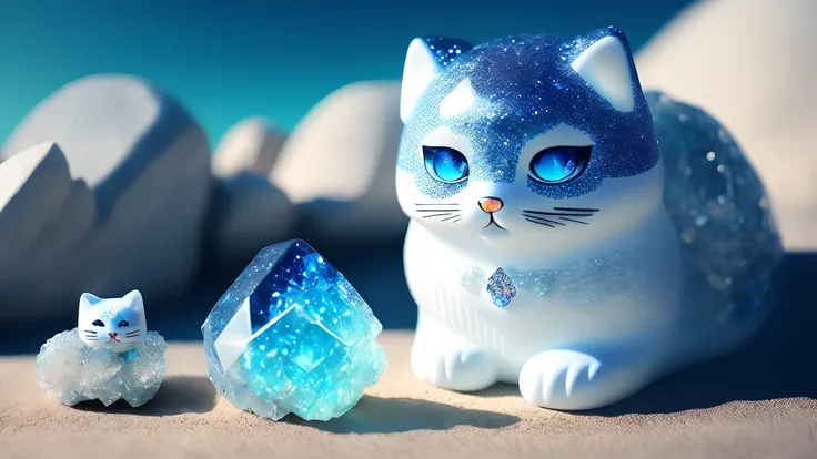 A lucky cat made of large crystals and stones lies on Murovnik around sand and sparks，Its all white and blue。Realistic style，Cute style。Detail the picture。