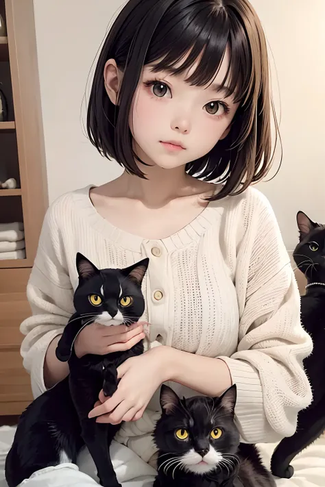 top-quality、Girl holding a black cat、Cute 14 year old girl、Short Bob、Black cat、Natural look、longshot、Natural light