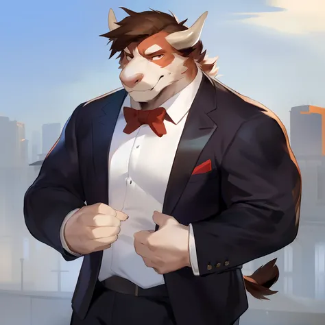 Solo, Male, furry, bulls ,bull, (hair, snout), Muscular, by Bebebebebe, by Spikes, By Darkgem, by Mystic Fox 61, by Chunie, standing, suit