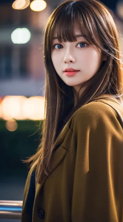 (best quality,highres,ultra-detailed,realistic:1.37),detailed description,beautiful girl,blue eyes,long hair,light brown hair, Long right bangs,red clips,medium breast,in the city,at night,with a black coat