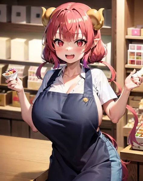 Masterpiece, hiquality,Best Quality,
 fang, skin fang,ilulu (Majdragon), 
ilulu, 1girl, 独奏, looking a viewer, blusher, Smile, open mouth, Huge-breasts, Shirt, cleavage, short sleeves, blurred background, Light blue shirt, (black apron:1.5),Jeans, (Confecti...